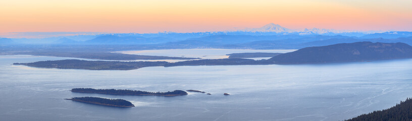 Aerial view from the San Juan Islands with Mount Baker on the horizon, Washington, USA - obrazy, fototapety, plakaty