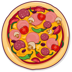 Pizza with cheese, ham, tomato, mushrooms and peppers. Vector illustration