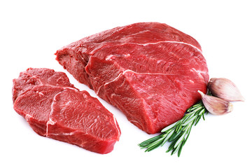 Raw beef meat, garlic and rosemary isolated on white background.