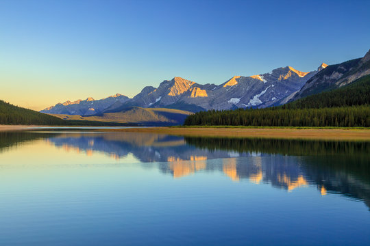 Lower Kananaskis Lake at sunset on a clear summer day, Alberta, Canada
