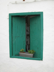 Grün gestrichenes Fenster mit Holzverschlag