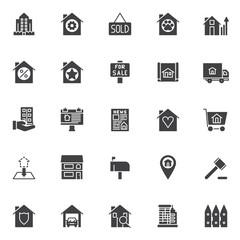 Real estate vector icons set, modern solid symbol collection, filled style pictogram pack. Signs, logo illustration. Set includes icons as building and fence, sold house, for sale signboard, billboard