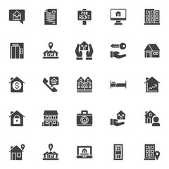 Estate vector icons set, modern solid symbol collection, filled style pictogram pack. Signs, logo illustration. Set includes icons as house in chat bubble, contract, house for rent sign board, office 