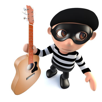 3d Funny cartoon burglar thief character stealing an acoustic guitar