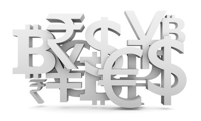 Currency symbols collage relative to trading. 3D rendering