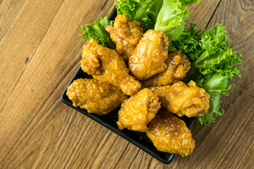 fried chicken isolate on white background,food styling on table.top view from above.