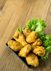 fried chicken isolate on white background,food styling on table.top view from above.