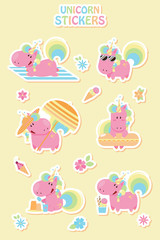 Collection cartoon summer unicorn stickers. Flat design style