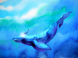 Fototapeta premium człowiek i wieloryb nurkowanie, pływanie pod wodą razem akwarela ilustracja ciągnione