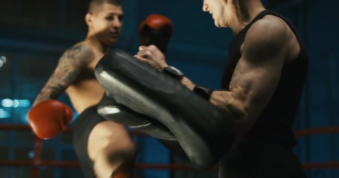 Close-up view of shirtless boxer kicking boxing bag in hands of trainer working out in gym and practicing Thai box.
