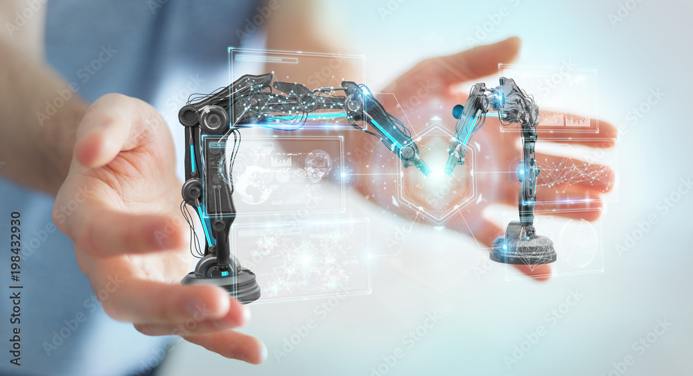 Poster businessman using robotics arms with digital screen 3d rendering