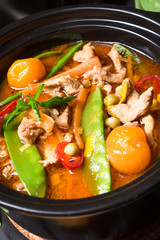 strips of pork  with sugar peas and other vegetables