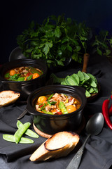 strips of pork  with sugar peas and other vegetables