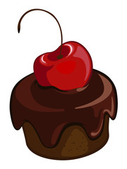 Bright , sweet design element. Chocolate cake in chocolate glaze with cherry.