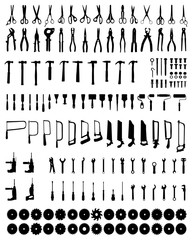 Set of black silhouettes of tools on a white background