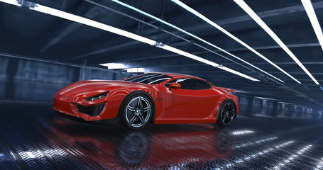 Obraz premium Luxury concept sports car 3d model in a showroom. Reflections all around.