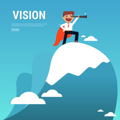 Obraz premium Business vision concepts. Businessman looking through binoculars standing on a mountain graph. Vector illustration.