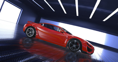 Obraz na płótnie Canvas Luxury concept sports car 3d model in a showroom. Reflections all around.