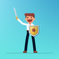 Business concept illustration. Businessman holding a sword and shield.