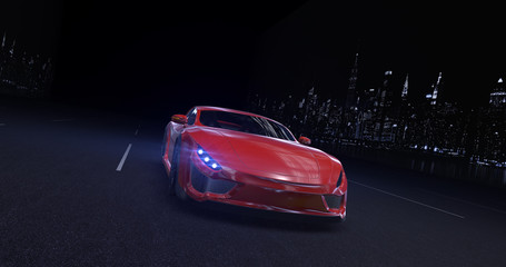 Fototapeta na wymiar Red sports car moving on highway in the city at night with headlights on