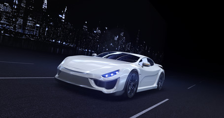 White sports car moving on highway in the city at night with headlights on