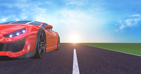 Fototapeta premium Red sports car moving on highway with headlights on