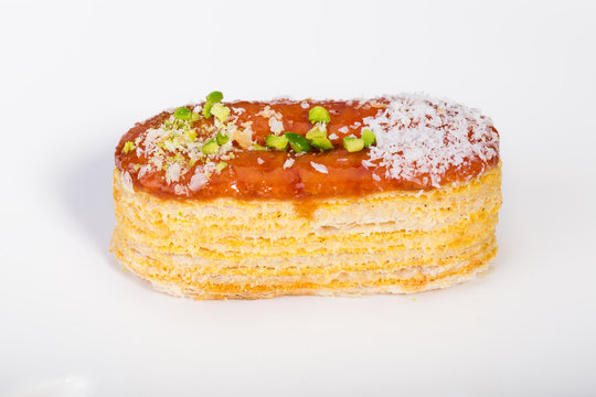 Light Crunchy Puff Layered Pastry Garnished With Pistachios & Coconut Flakes Popular Persian Sweets In Iran Called Zaboon Or Zaban