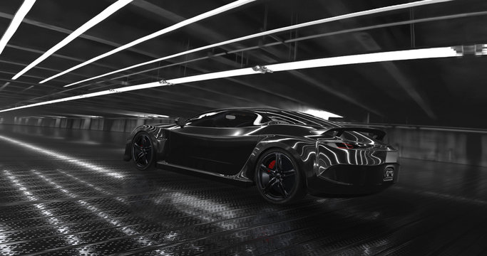 Luxury Black Concept Sports Car 3d Render. Reflections All Around.