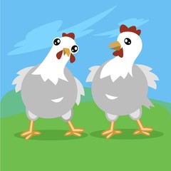 Two funny chicken illustration with blue sky and green grass background