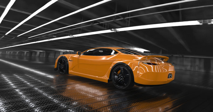 Luxury orange concept sports car 3d render. Reflections all around.