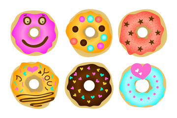 Set of 6 color hand drawn donuts.