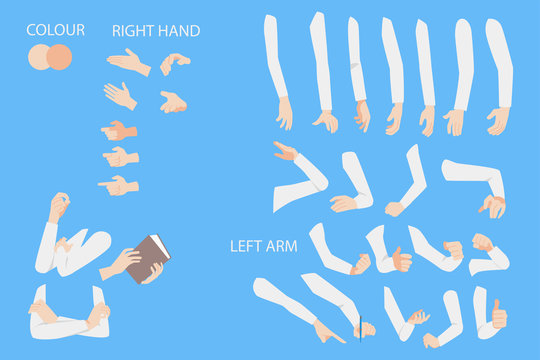 Set of human hands with different gestures collection for design, animation,Palm and finger draw icons, skin, white Long sleeved shirt, arm on blue background, flat style cartoon vector illustration.