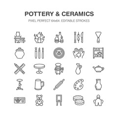 Pottery workshop, ceramics classes line icons. Clay studio tools signs. Hand building, sculpturing equipment - potter wheel, electric kiln, tools. Pixel perfect 64x64.