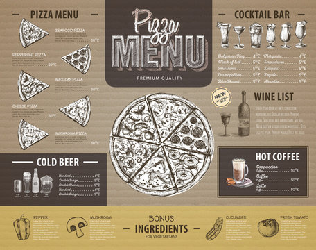 Vintage pizza menu design on cardboard. Restaurant menu