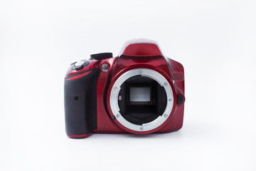 red camera with a lens on a white background
