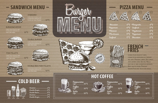 Vintage  burger menu design on cardboard. Fast food menu