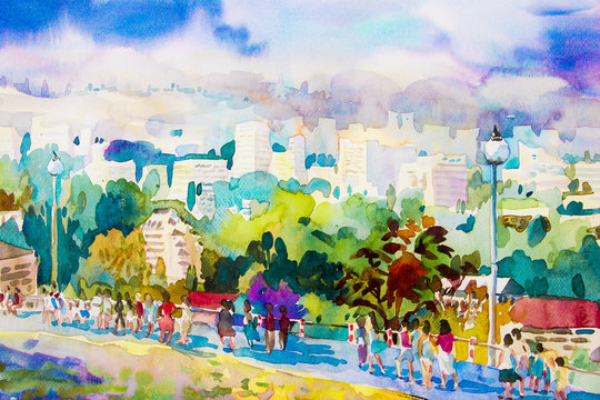 Painting colorful of view on hill and building in the city.