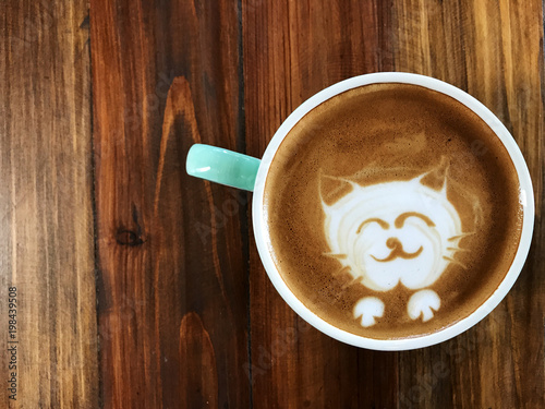 Cute Cat Face Latte Art Coffee In White Cup On Wooden Table Love Cute Cat Face Latte Art Coffee In White Cup On Wooden Table Love