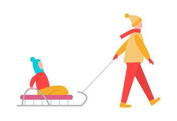 Father Carrying Child Sledge Vector Illustration