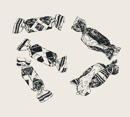 Vintage illustration with ink drawn candies and couple of empty candy wrappers