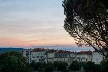 Bourgeois buildings (Hausmann) on the Valence Boulevard during the sunrise. France 2017.