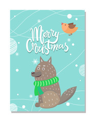 Merry Christmas Greeting Card with Wolf and Bird