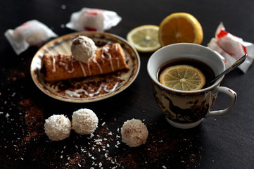 Delicious breakfast with coffee and biscuits