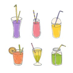 Bundle of colorful healthy drinks in various glasses with straws - smoothies, lemonades, juices or cocktails. Set of refreshing tasty beverages made of tropical fruits. Hand drawn vector illustration.