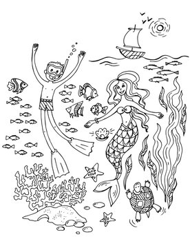 Русалочка и мальчик плавают под водой. Графическая иллюстрация. Подводный мир, водоросли и кораллы, рыбы и черепахи