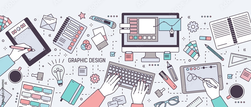 Poster Horizontal banner with hands of designer working in digital vector editor or drawing on tablet surrounded by stationery and art tools. Graphic design. Colored vector illustration in line art style.