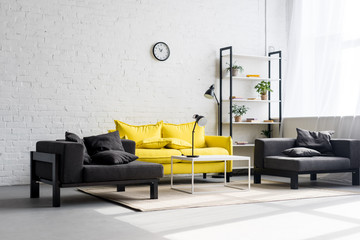 interior of stylish living room with white walls