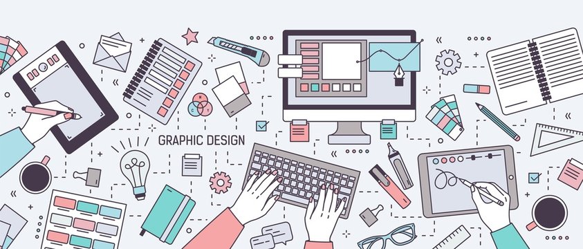 Horizontal banner with hands of designer working in digital vector editor or drawing on tablet surrounded by stationery and art tools. Graphic design. Colored vector illustration in line art style.