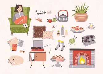 Set of hygge attributes, furniture and home decorations isolated on light background - fireplace, pillows, turntable with playing vinyl record, girl sitting in cozy armchair. Vector illustration.