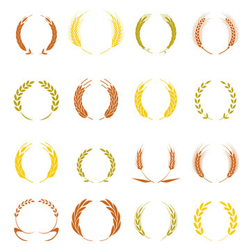 Gold laurel wreath - a symbol of the winner. Wheat ears or rice icons set.